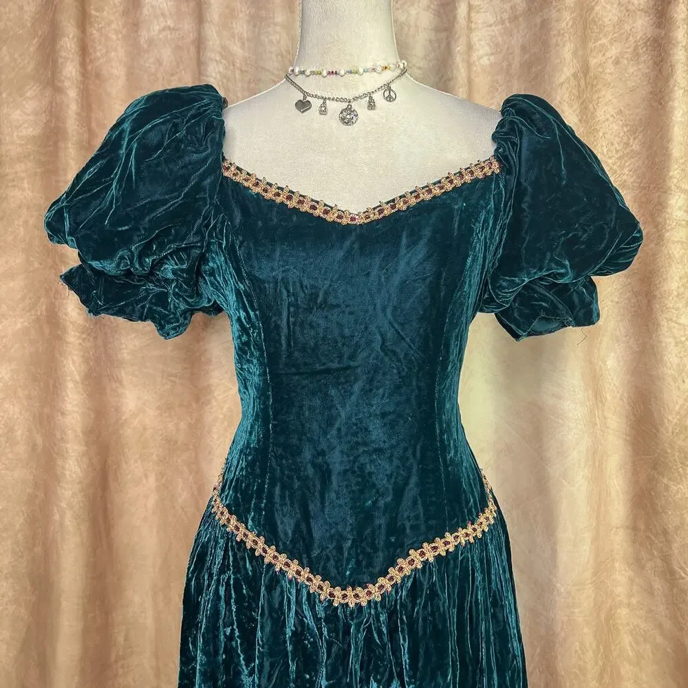 Vintage Renaissance Dress 70s Velour Medieval Gown Green Puff Sleeve Princess - Picture 2 of 9